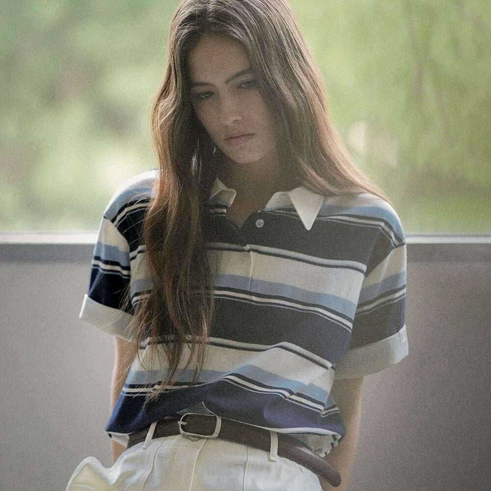 KNOWN BETTER Bold stripe roll-up label half collar T-shirt_Blue