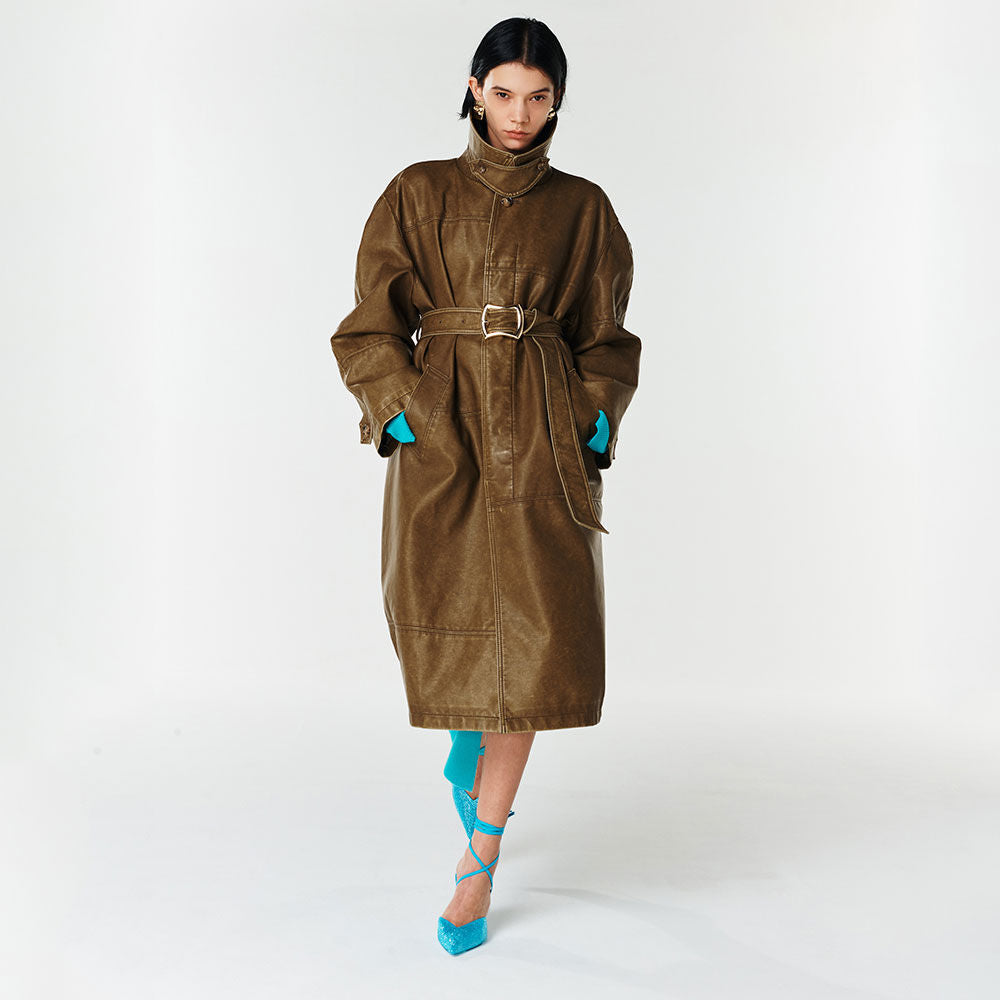 YCH BELTED FAUX LEATHER COAT KHAKI (F23OT004KK)