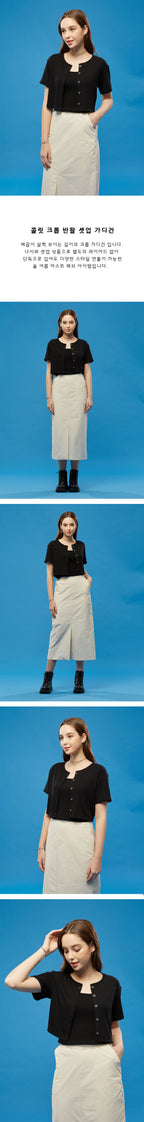 KOLEAT [29th restock] WOMEN Set-up Crop Cardigan Short Sleeve T-shirt Strap Tank Top Set [Black]