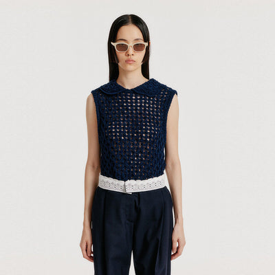 YELT Cable Knit Collared Top - Navy