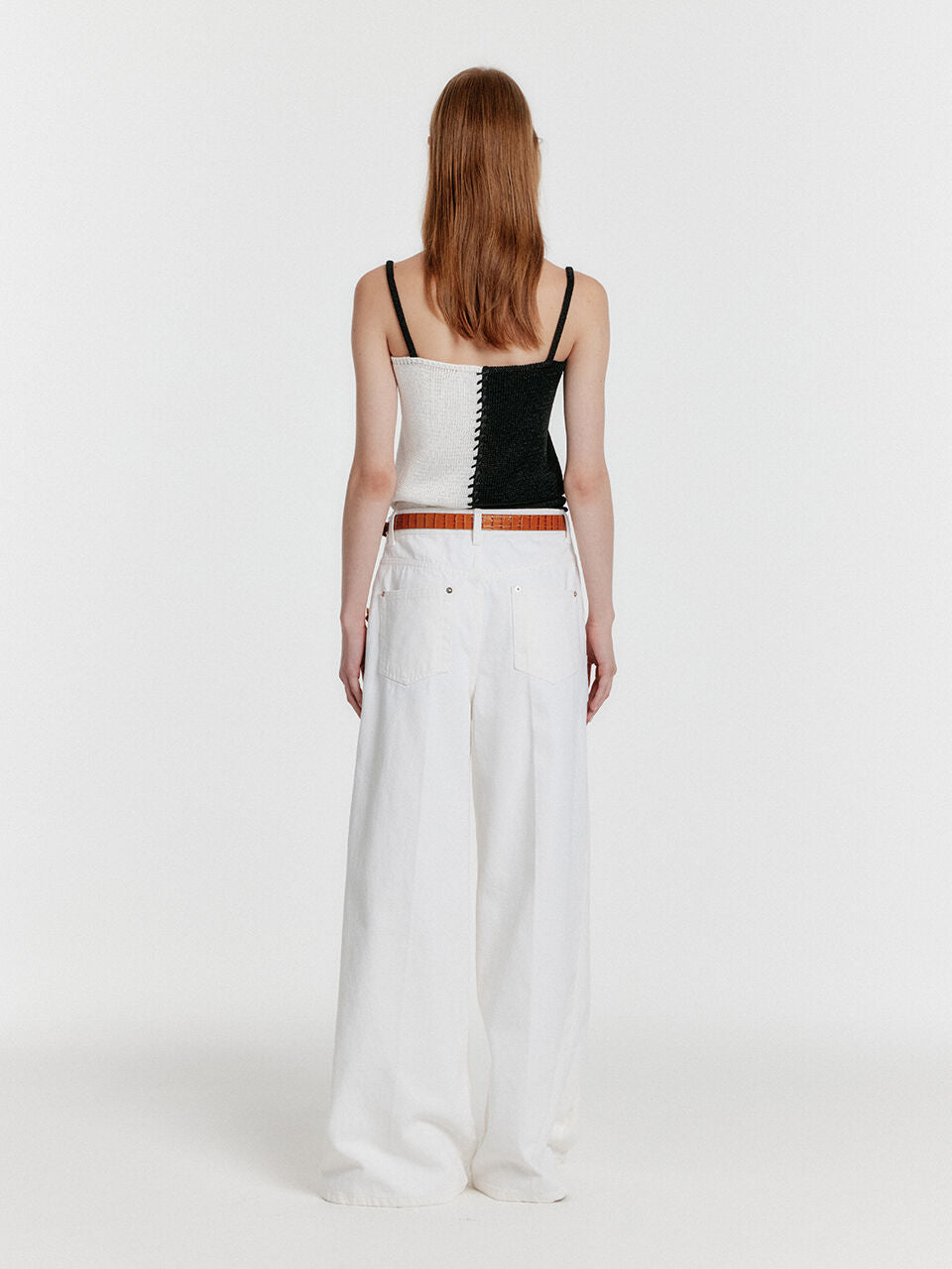 EENK [Wearing Hyomin] YON Stitched Color Block Knit Top - Black/White