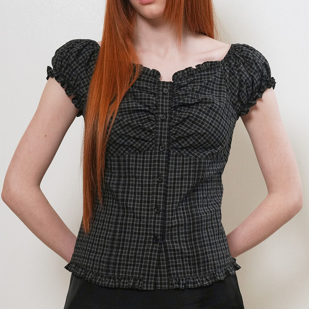 GENERAL IDEA WOMAN cap sleeve shirring puff blouse [BLACK] / GF2LBL516
