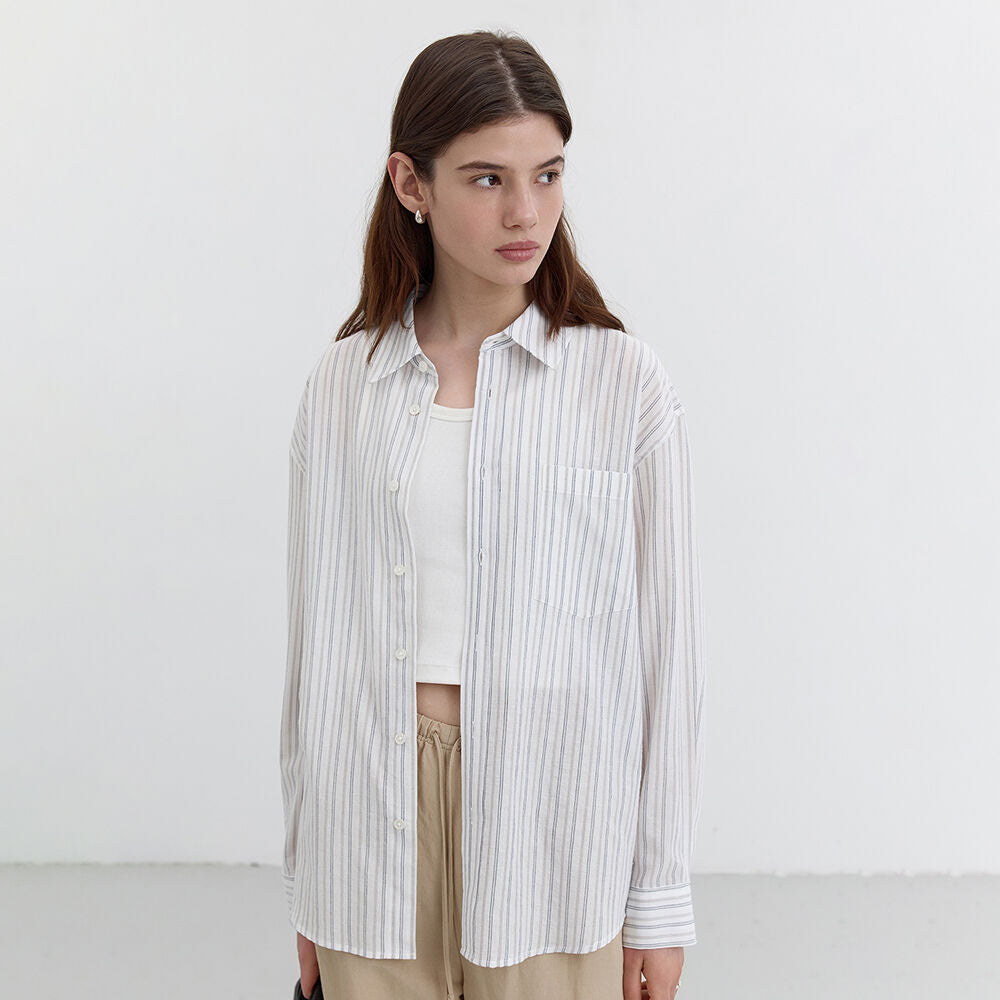 DUNST UNISEX CLASSIC OVERSHIRT BEIGE STRIPE_UDSH5B123I2