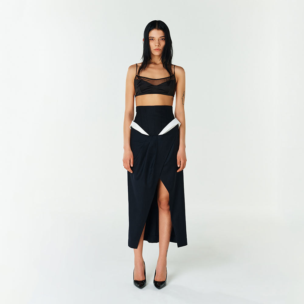 YCH ASYMMETRIC MIDI SKIRT NAVY (F23SK503NV)