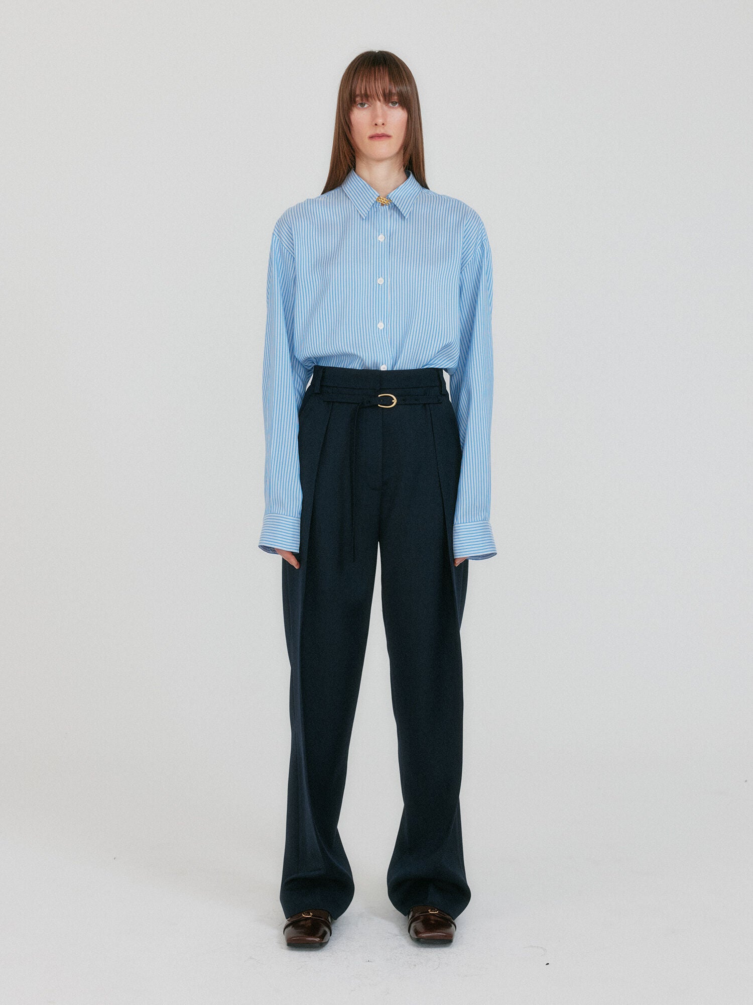 EENK ZANCY Oversized Shirt with Brooch - Sky Blue Stripe