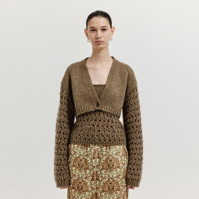 EENK XOLERO V-neck Crop Knit Cardigan - Khaki