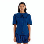 EENK UJENNY Frilled Collar Denim Shirt - Denim Blue