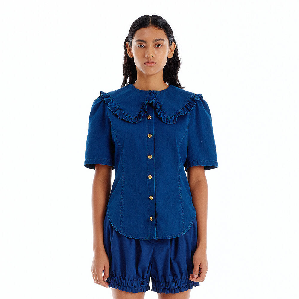 EENK UJENNY Frilled Collar Denim Shirt - Denim Blue