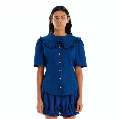 UJENNY Frilled Collar Denim Shirt - Denim Blue