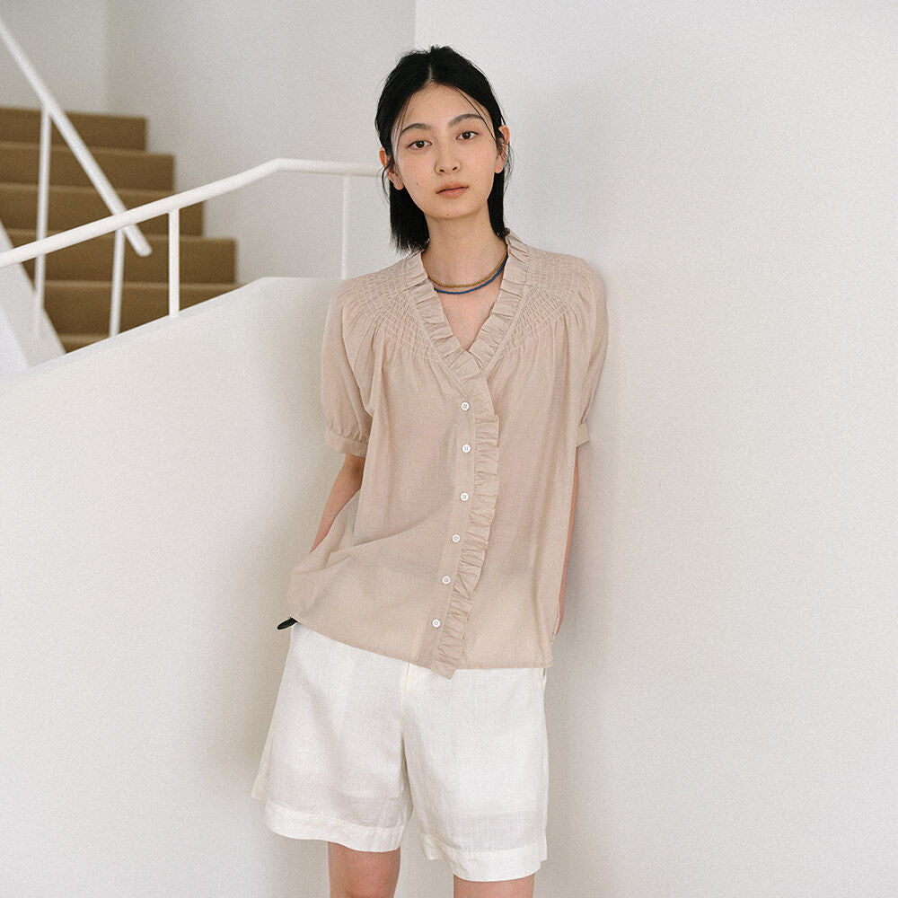 HUNCH Smocking Detail V-Neck Shirts (2color)
