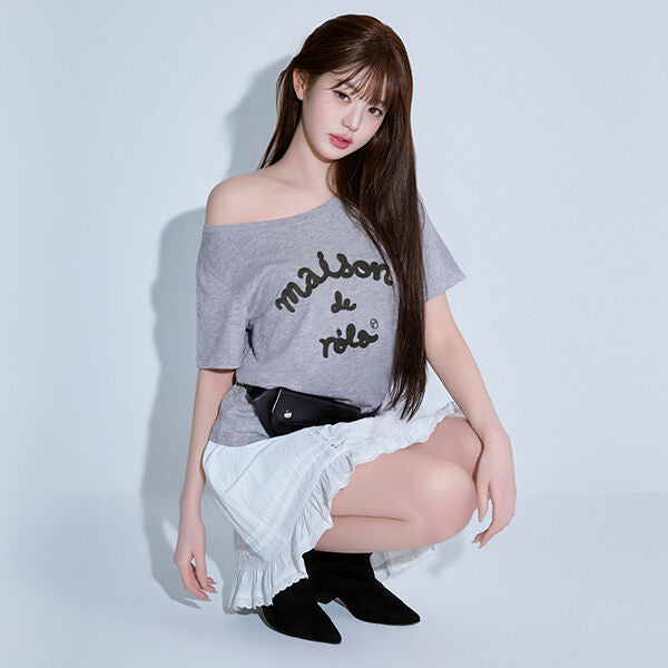 rolarola MAISON DE ROLA EMBROIDERY OFF SHOULDER T-SHIRT GRAY