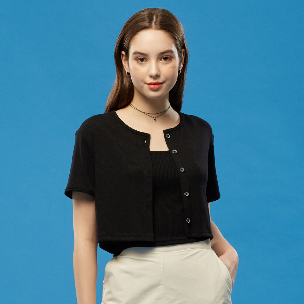 KOLEAT [29th restock] WOMEN Set-up Crop Cardigan Short Sleeve T-shirt Strap Tank Top Set [Black]