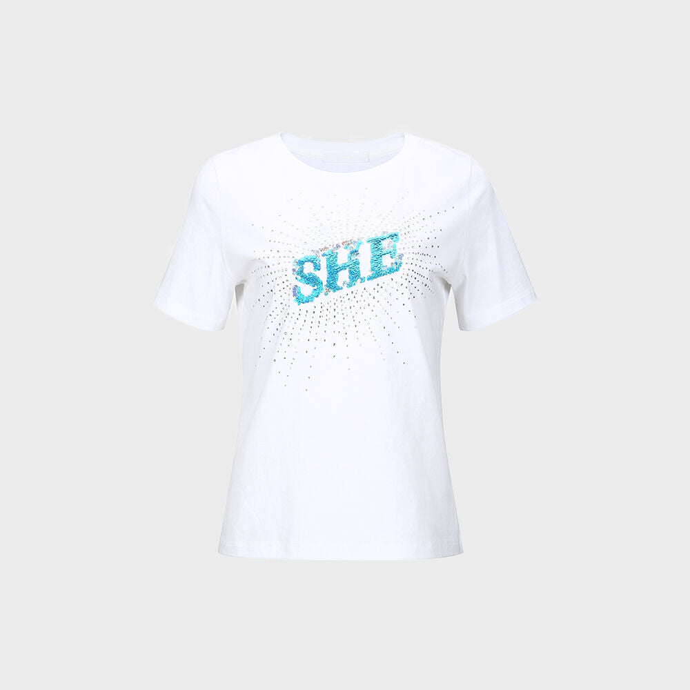 YCH SEQUINNED SHE-PRINT T-SHIRT WHITE (W23TO912WH)