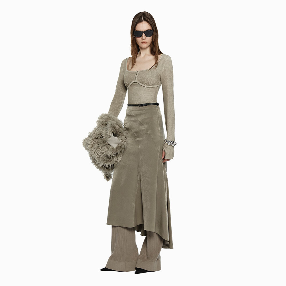 YCH SLIT DETAIL BELTED FLAIR SKIRT KHAKI (W24SK6061KK)