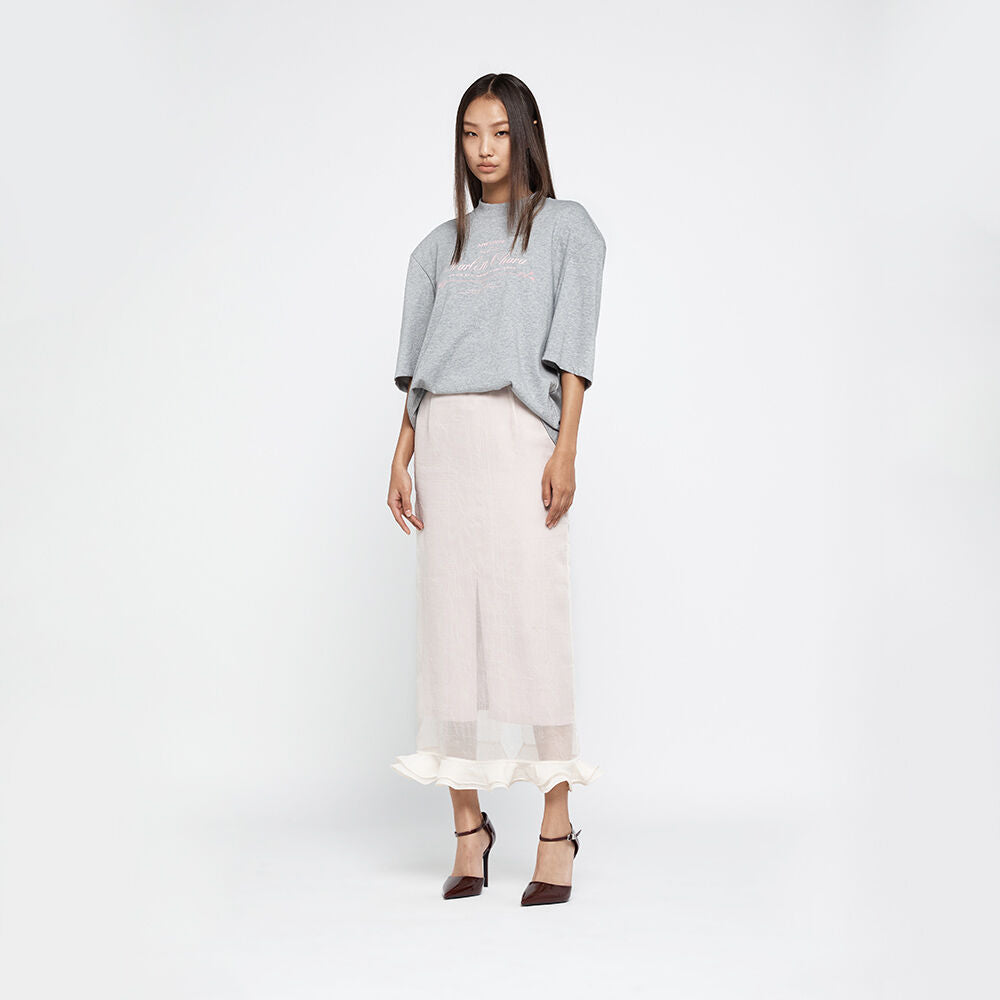 YCH SHEER-PANELLED FLOW RUFFLE LONG SKIRT IVORY (R25SK6021IV)