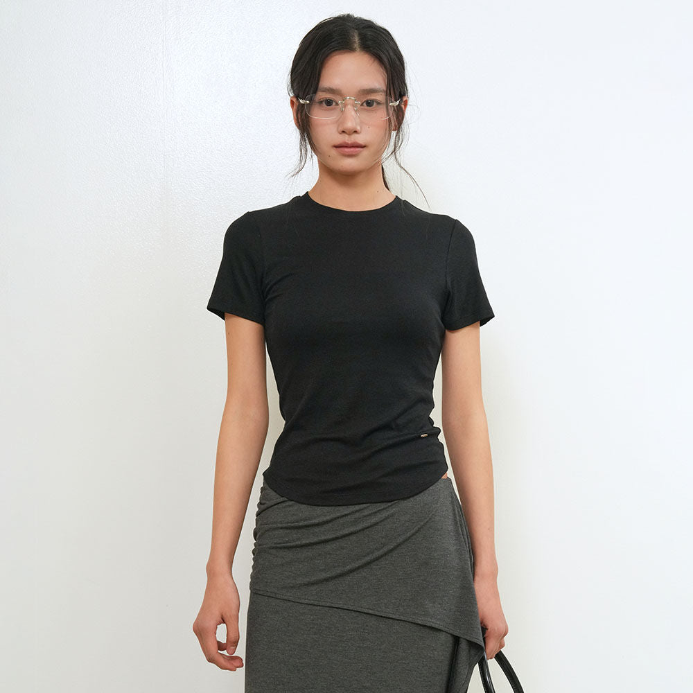 GENERAL IDEA WOMAN Acetate Round Neck T-Shirt [BLACK] / GF2LTS509