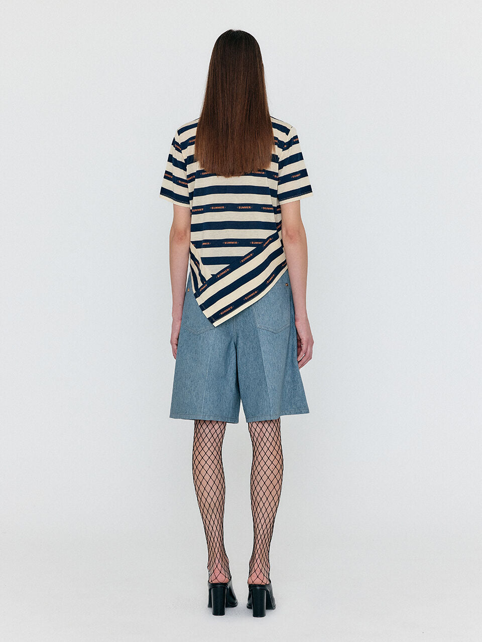 EENK WAVE Asymmetric Paneled T-Shirt - Navy/Beige Stripe