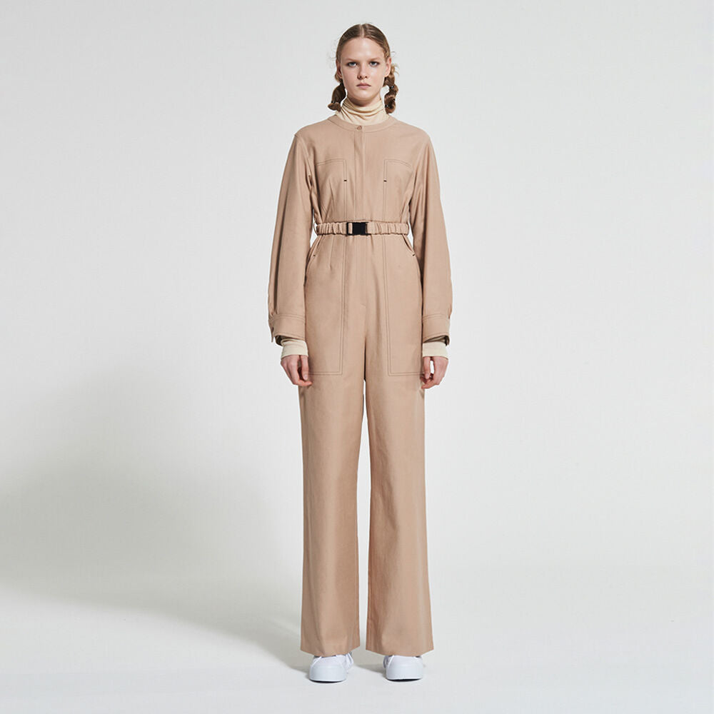 WOVEMENT High Rise Cotton Jumpsuit Beige WBAFJS002BE