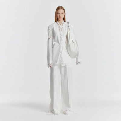 YERI Side-slit Lace-trim Pants - White