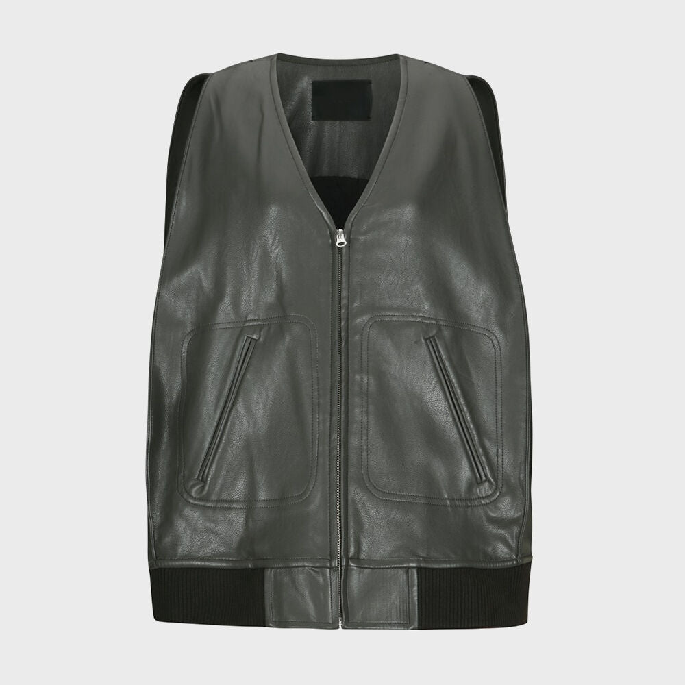YCH FAUX LEATHER SQURE STITCH VEST GREY (W24VT3011GY)