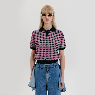 Check Knit Half Sleeve Top - Navy/Pink