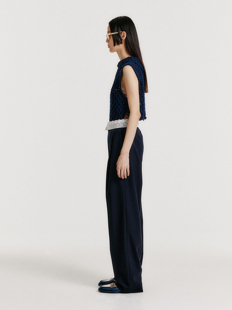 EENK YELT Cable Knit Collared Top - Navy