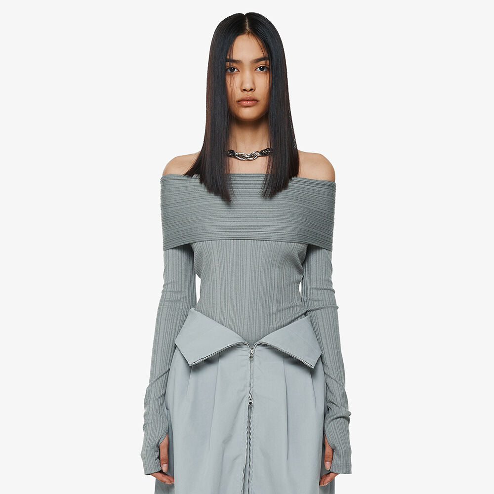 YCH RIPPED OFF-SHOULDER TOP KHAKI (F24TO9091KK)