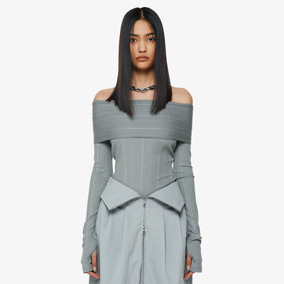 RIPPED OFF-SHOULDER TOP KHAKI (F24TO9091KK)