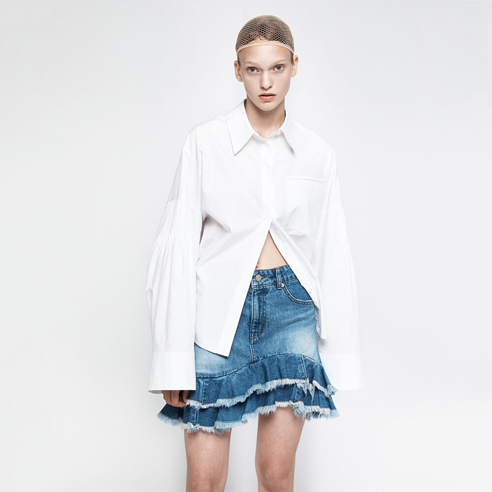 YCH FLOW RUFFLE DENIM SKIRT BLUE (R25DB8071BL)
