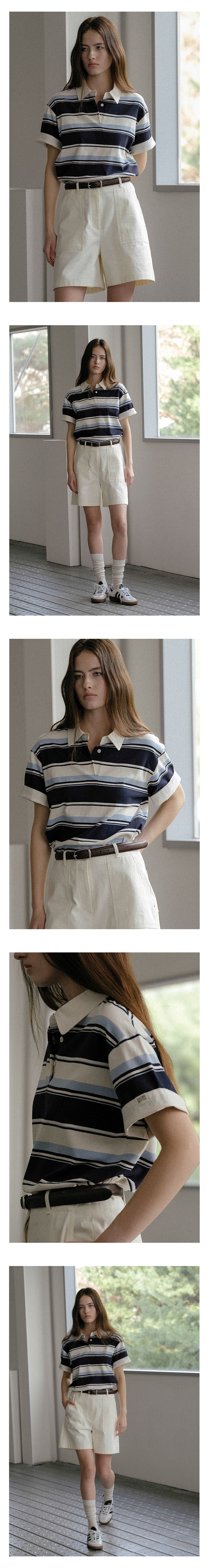KNOWN BETTER Bold stripe roll-up label half collar T-shirt_Blue