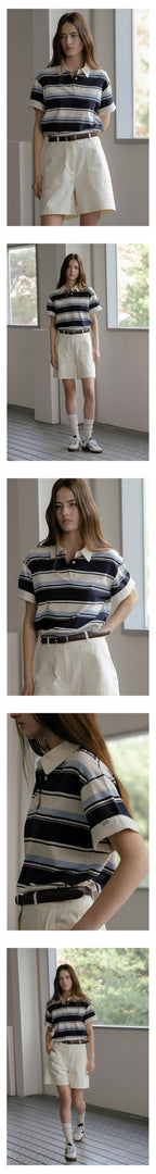 KNOWN BETTER Bold stripe roll-up label half collar T-shirt_Blue