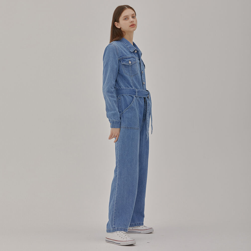 RYUL+WAI: DENIM BELT JUMPSUIT BLUE
