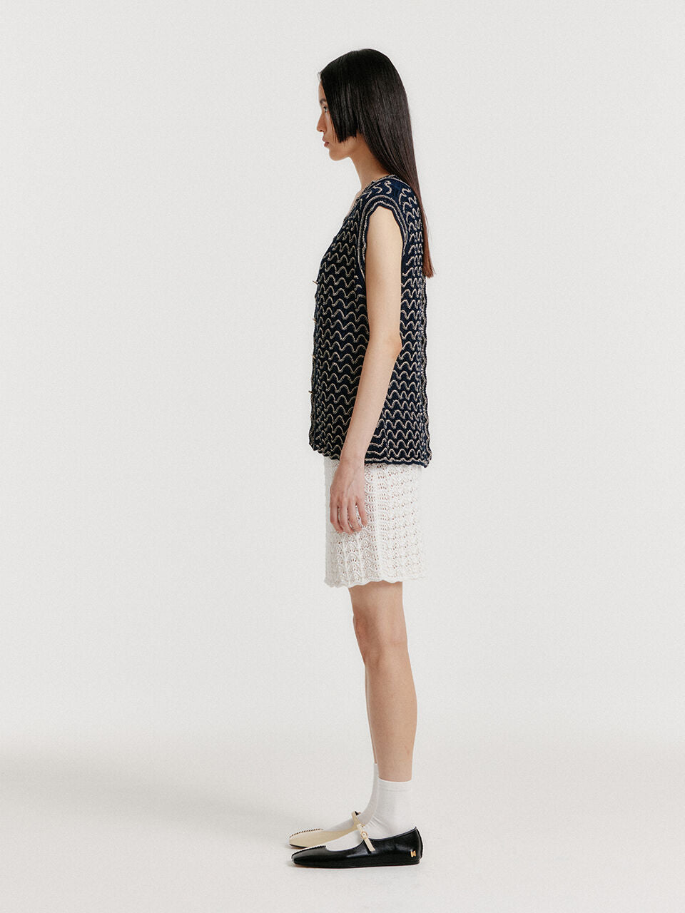 EENK EENK YUTA Lace Textured Knit Vest - Navy/Cream