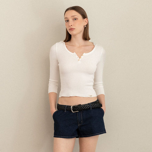 GLOWNY 3/4 G WAFFLE BUTTON FLY TEE (WHITE)