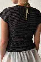 SINOON Stripe Cap Sleeve T-shirt (Black)