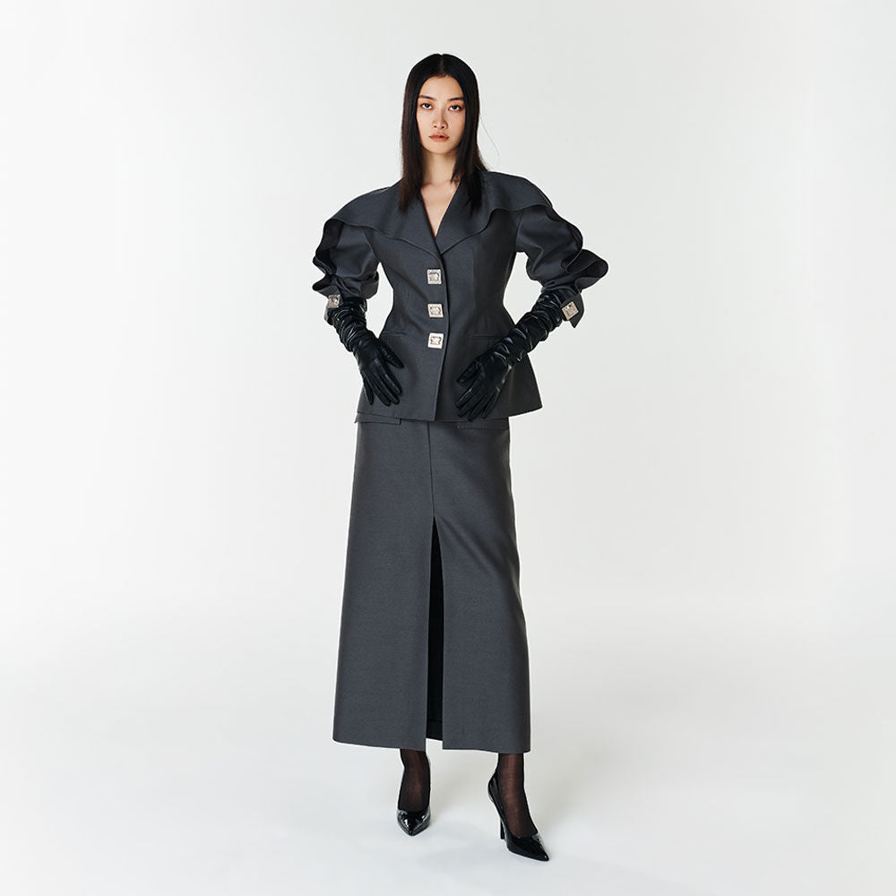 YCH FRONT-SLIT MIDI SKIRT GREY (F23SK504GY)