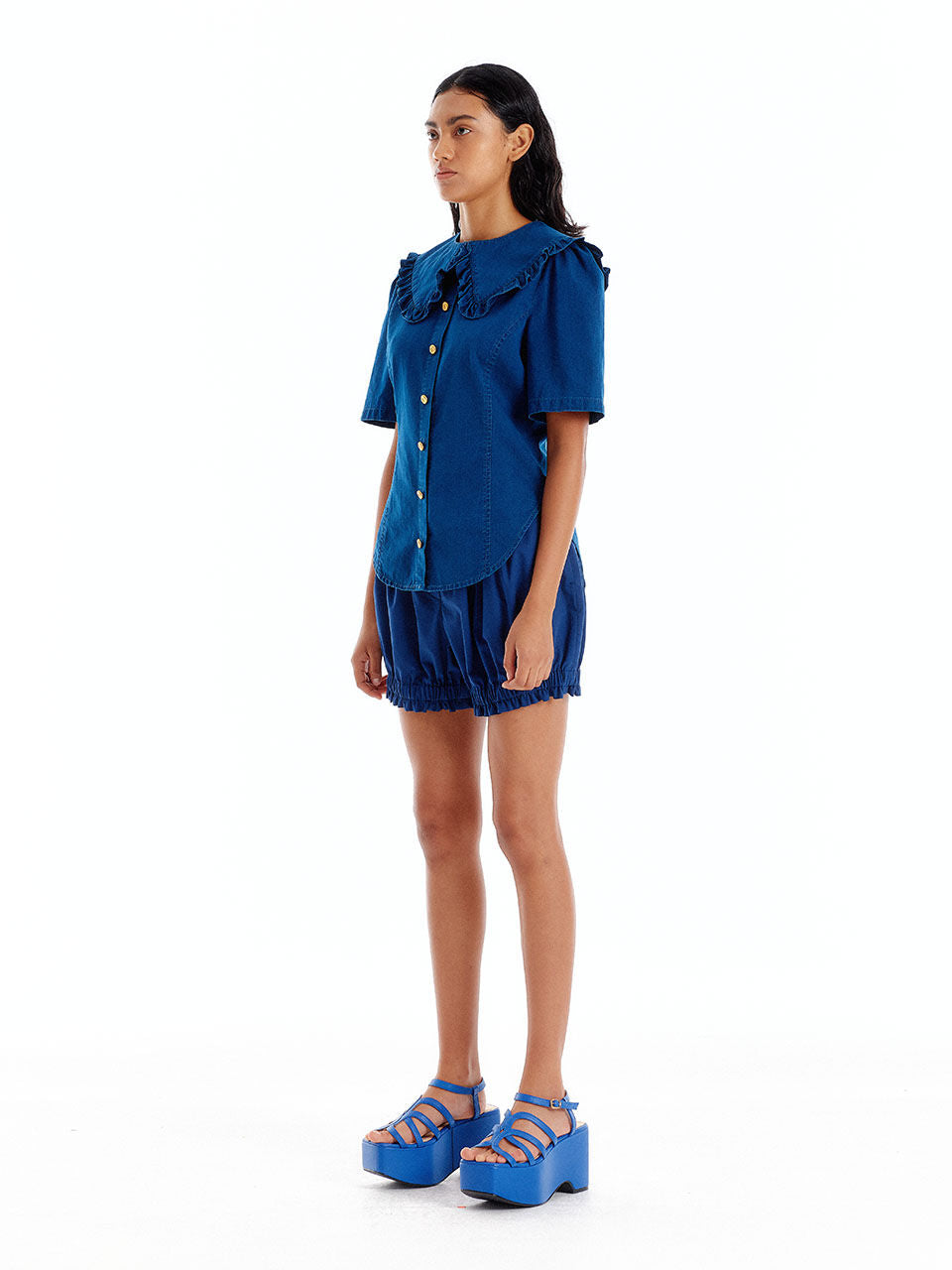 EENK UJENNY Frilled Collar Denim Shirt - Denim Blue