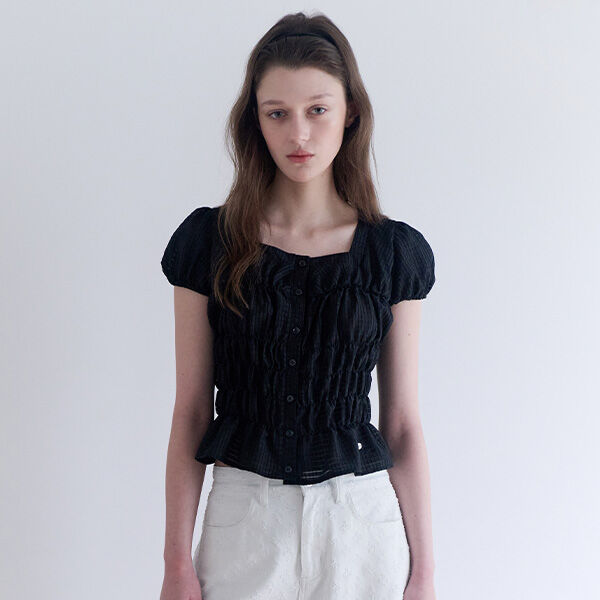 rolarola SQUARE NECK CHECK BUTTON BLOUSE BLACK