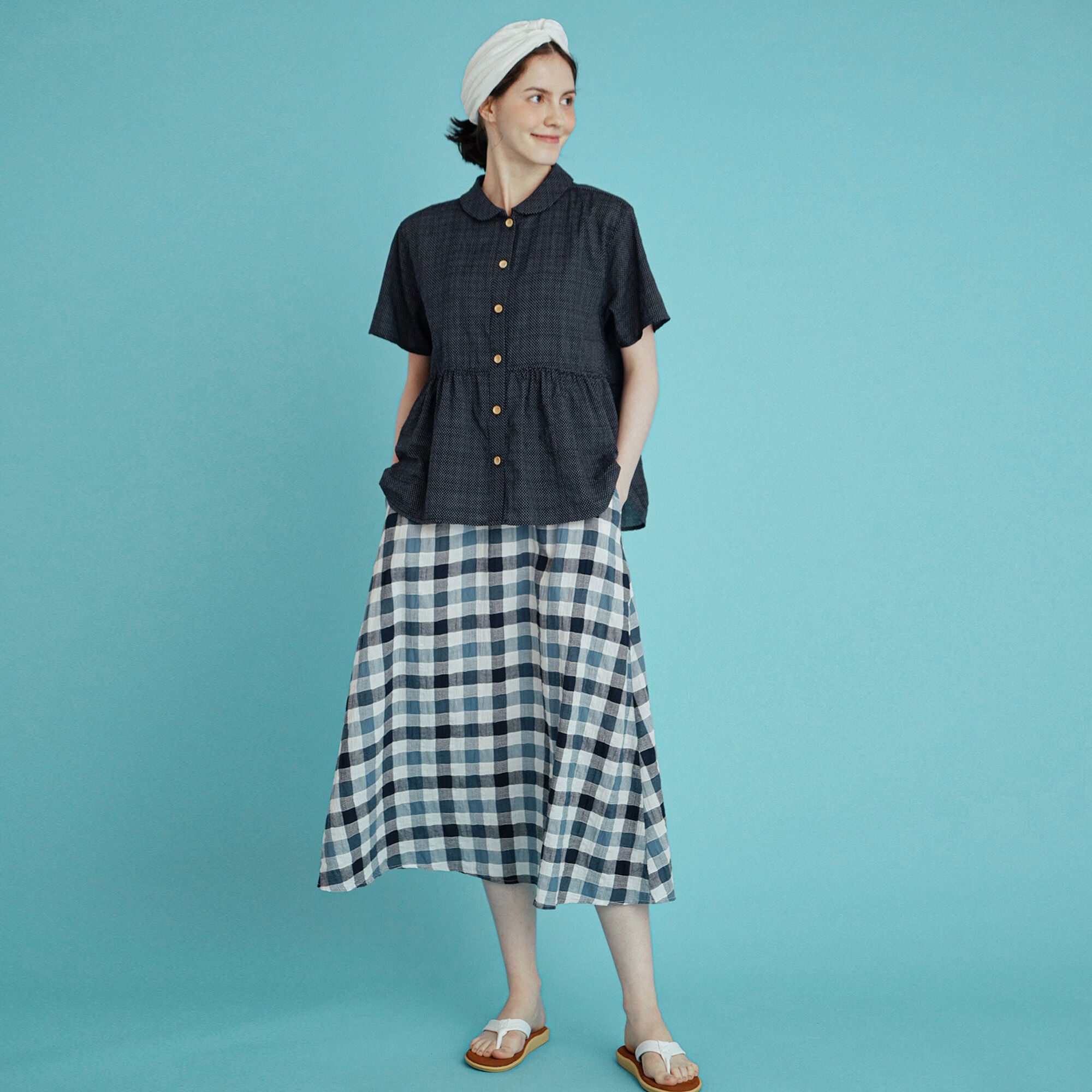 CHIQUITA 16th_Summer Dot Shirring Shirt Navy 232303ONV (domestic production)
