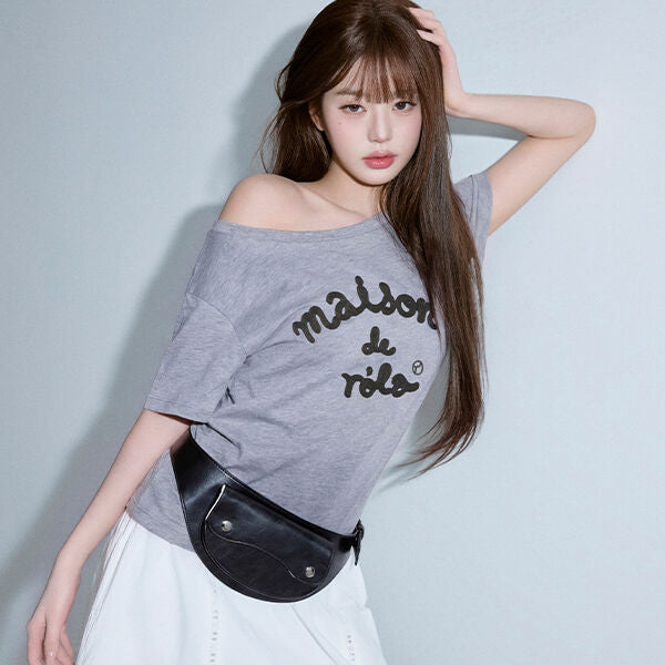 rolarola MAISON DE ROLA EMBROIDERY OFF SHOULDER T-SHIRT GRAY