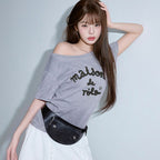 rolarola MAISON DE ROLA EMBROIDERY OFF SHOULDER T-SHIRT GRAY