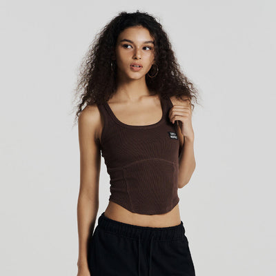 Women's Round Cover Stitch Tank Top (Brown)