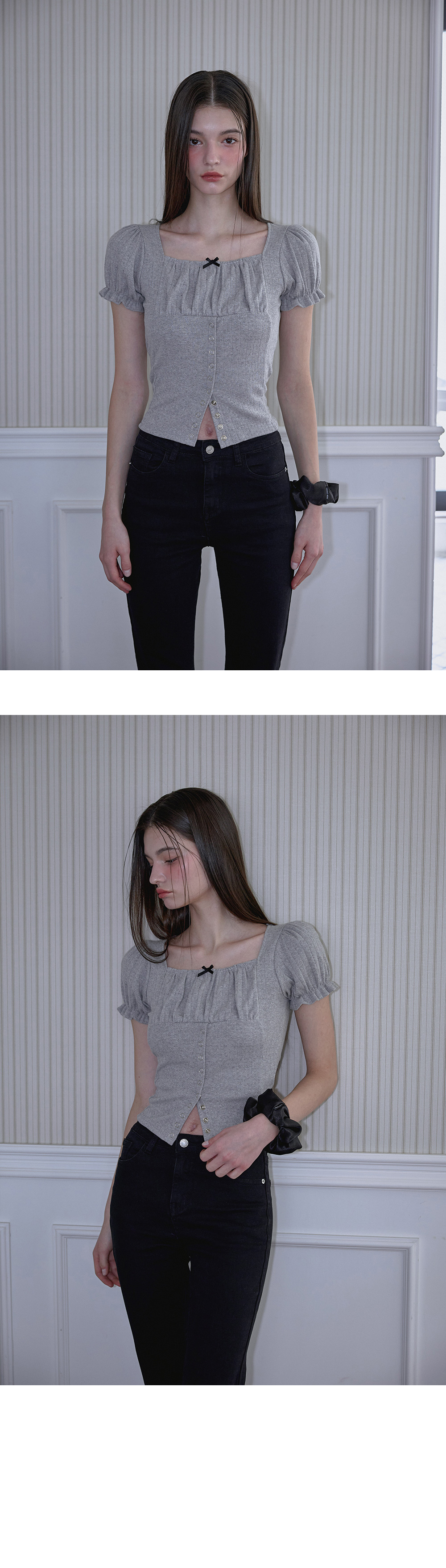 RoséFrantz Puff Shirring Ribbon T-shirt [Gray]