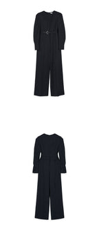 WOVEMENT Belted Wool Jumpsuit Navy WBAFJS001NV