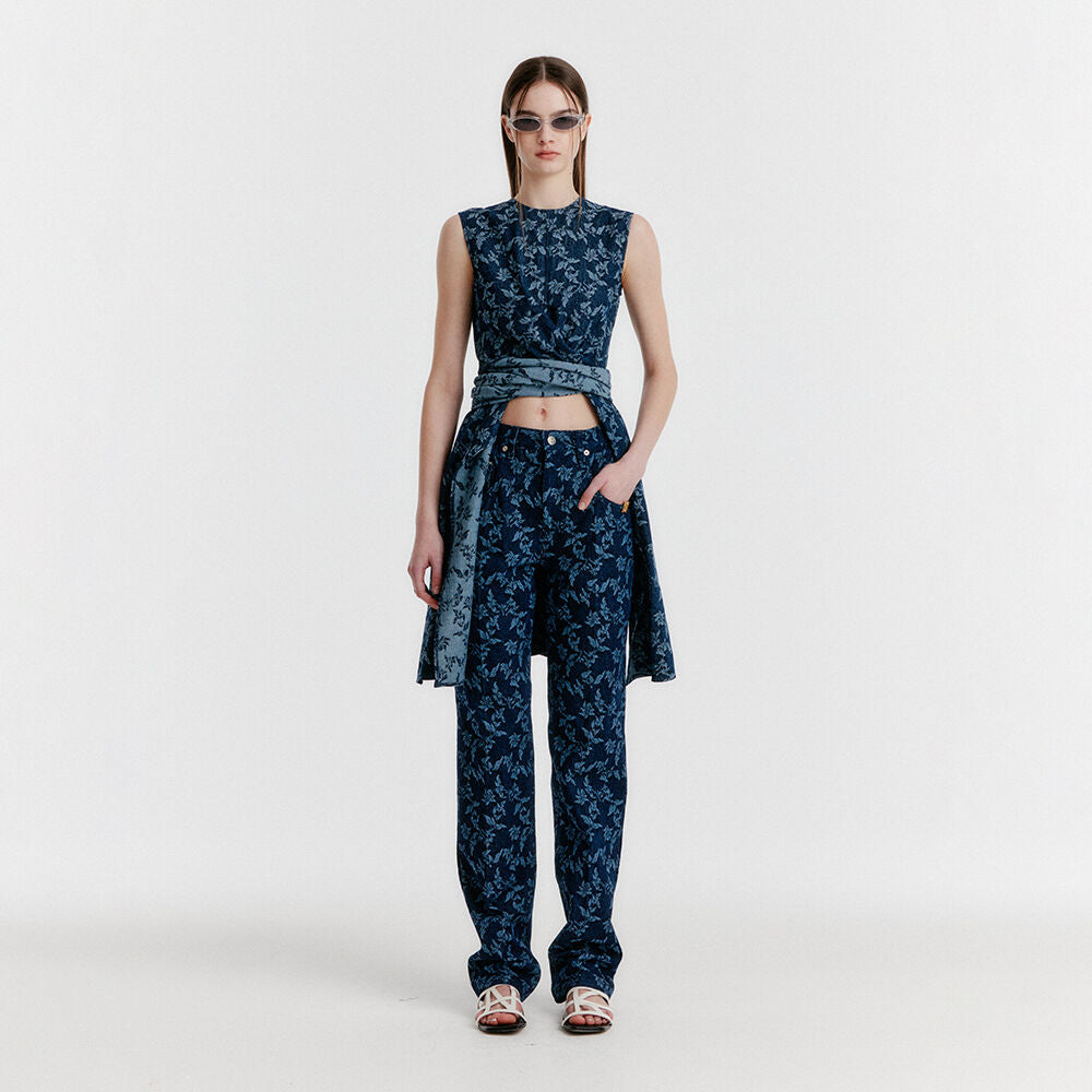 EENK [Transit Love Lee Na-yeon wearing] YISSY Jacquard Denim Pants - Navy