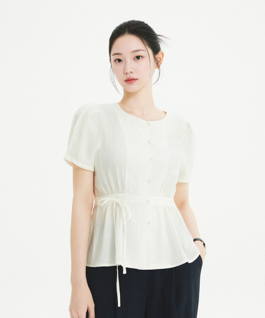 ROEM Round neck belted short sleeve blouse RMBLG37RT6