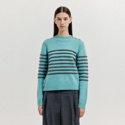 EENK XTRIPE Stripe 4 Buttons Knit Top - Blue Grey