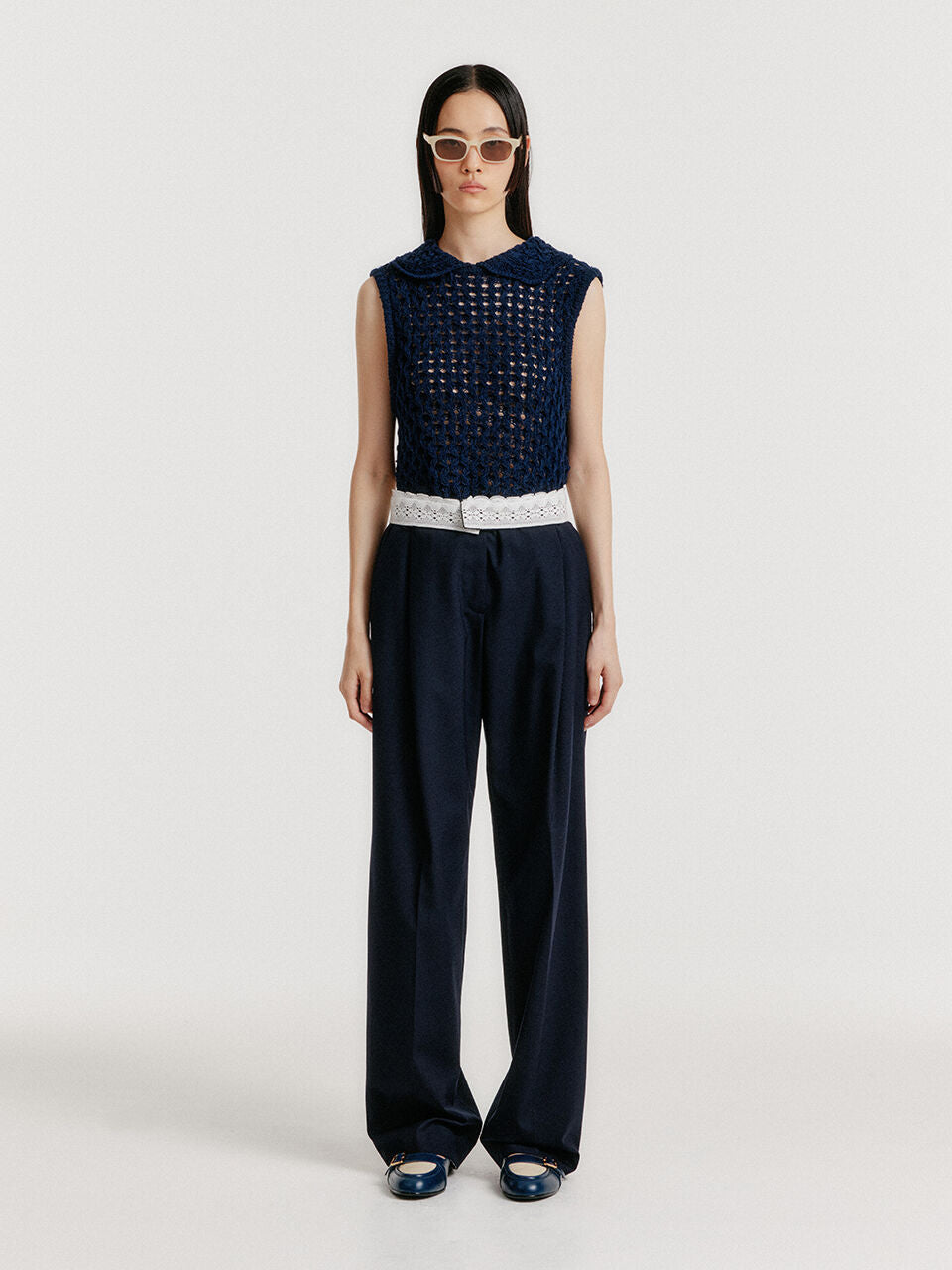 EENK YELT Cable Knit Collared Top - Navy