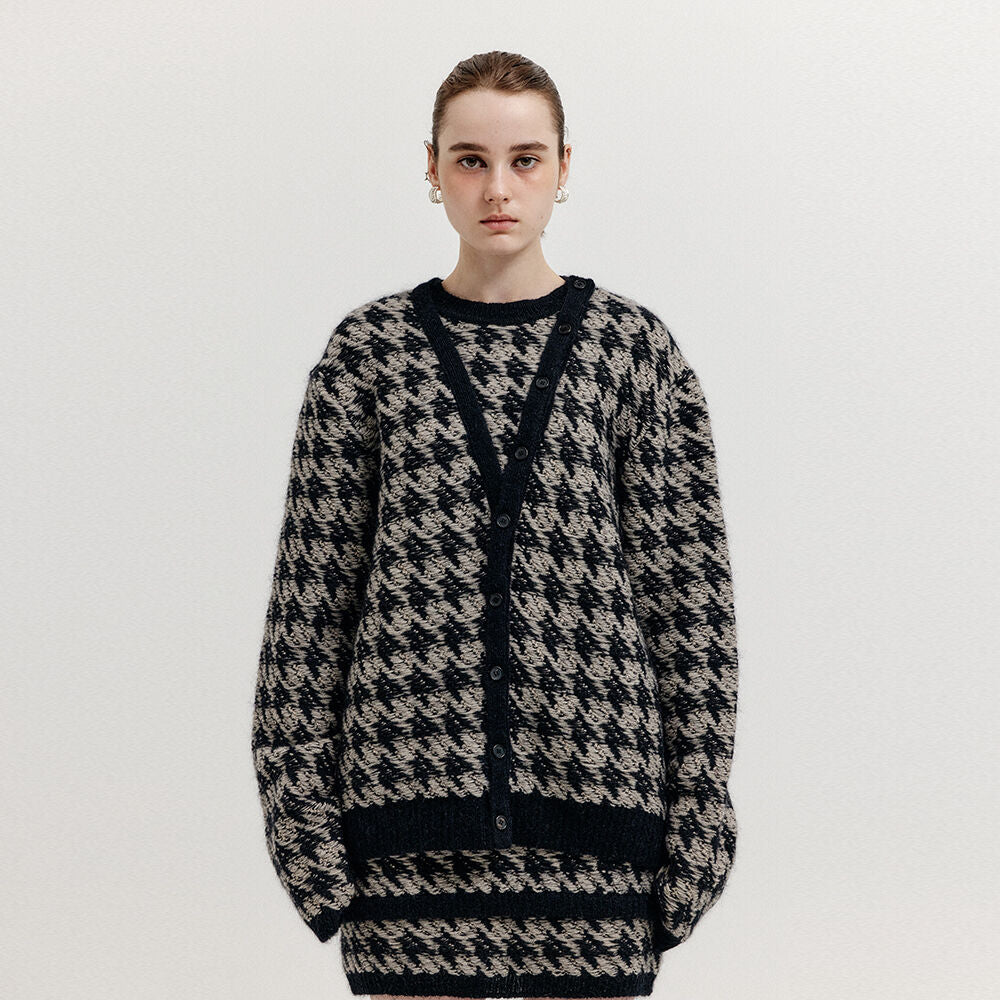 EENK EENK XOUI Houndstooth Check Knit Cardigan - Black/Ivory