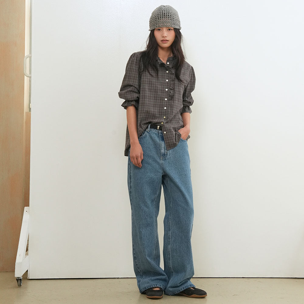 GENERAL IDEA WOMAN check frill blouse [ASH BROWN] / GF2LBL517